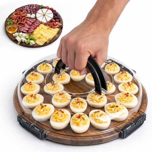 77L Deviled Egg Containers with Lid, 24-Slot Acacia Wood Deviled Egg Tray Platter for Serving and Transporting, Elegant Party & Potluck Serving Board (Black)