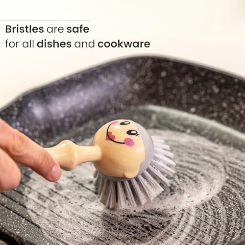 Vigar Dolls Dish Brush with Handle and Holder - Dish Scrubber Brush for Dishes and Pans, Kitchen Scrub Brush, Dishwashing Brush for Kitchen Sink Cleaning, Cute Standing Dish Brush Design - Pink, Gray - color: Pink, Gray