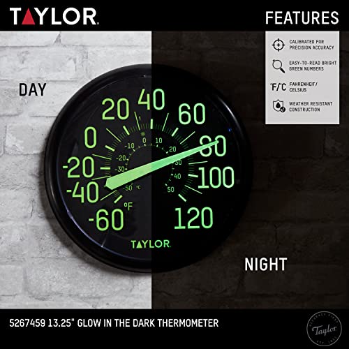 Taylor Glow in the Dark Wall Indoor Outdoor Thermometer, Wireless Thermometer with Easy to Read Numbers for Patio, Pool, and Indoor Areas, 13.25-inch, Black
