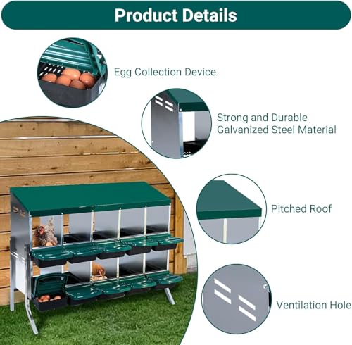 Chicken Nesting Box, 10 Compartments Roll Away Eggs Laying Boxes, Cleanable Pull Out Hen Roosting Boxes with Mental Leg, Durable & Easy to Install, Green - color: Green, size: 10 holes with legs