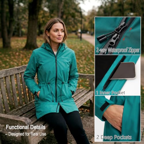 Women's Waterproof Long Rain Jackets Raincoats with Adjustable Hood | Lightweight Outdoor Activities Rain Shell Relaxed Fit Drawstring Waist Windbreaker Breathable Mesh-Lined Trench Coat - color: Teal Green, size: Small