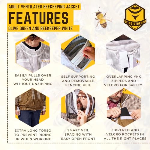 Sting Stopper Ventilated Beekeeping Suit, Olive Green, 5X-Large | Removable Veil, Triple Layer Breathable, Full Body Protection, For Men & Women - color: Beekeeper White, size: 5X-Large