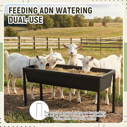2 Pack 38.6 Inch Livestock Feeding Trough, 11 Gal Water 66 Lbs Feed | Water and Feed Use, Adjustable Stand, Non Slip Spill Proof, Metal Plastic Construction, Horses Goats Sheep Cattle, Farm Use