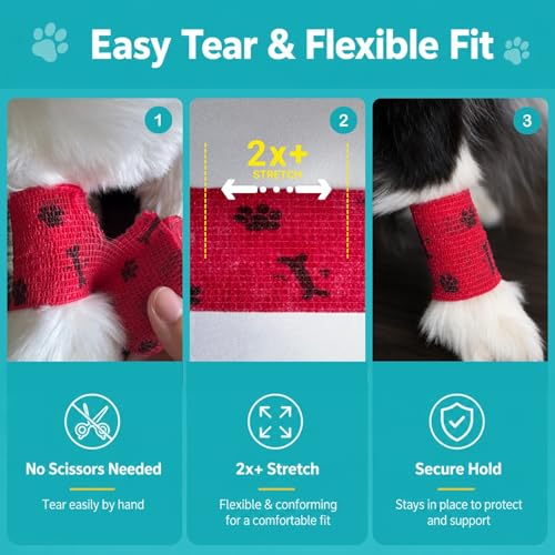Dog Bandage Wrap, 6 Rolls 2" x 5 yd Bone Print Pet Tape | Dog wrap bandage for paw & leg care, minor wounds, hotspots, broken nails, gauze pads & licking protection - color: BO-6ROLL-2IN