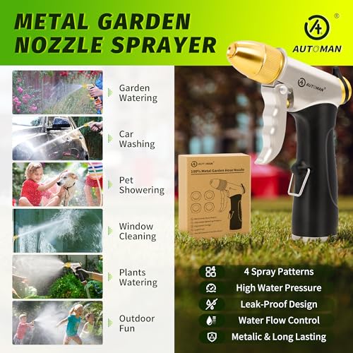 AUTOMAN Metal Hose Nozzle, High Pressure Garden Hose Sprayer, 100% Metal Water Hose Nozzle, Adjustable Watering Nozzle, Heavy Duty Garden Nozzle for Watering Plants & Lawns, Washing Cars & Pets - style: 4 Patterns W/ TPR