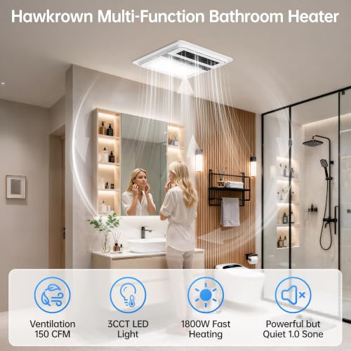 Hawkrown 4 in 1 Bathroom Exhaust Fan with Light, 1760W Heater Fan Light Combo, 190 CFM Bathroom Fan, 1.0 Sone Exhaust Fan with Heater, Light, Ventilation for Home, Bath, Hotel - color: Ivory