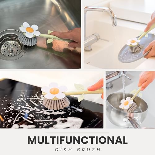 Vigar Florganic Dish Brush with Handle and Built-in Stand, Multicolor | Daisy-Shaped Kitchen Scrub Brush, Dishes and Sink Cleaning, Non-Stick Safe Soft Nylon Bristles, Dishwasher Safe