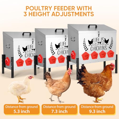 TGEYD 95 lb Galvanized Metal Chicken Feeder, 10 No-Waste Ports with Diversion Design, Extra-Large Heavy-Duty Outdoor Feeder Stand for Chickens, Ducks & Geese - color: Cockscomb Red