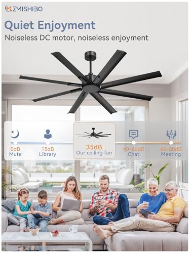 ZMISHIBO 65 Inch Ceiling Fan without Light, 8 Aluminum Reversible Blades | Industrial-Grade, DC Motor, Damp Rated, 6 Speeds, Remote Control, 3 Downrods, Flat/Sloped Ceiling, Living Room, Patio, Gym - color: Black, size: 65inch