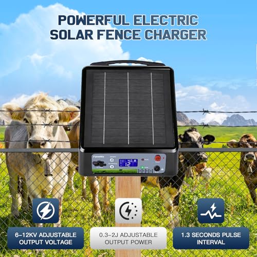 20 Miles Solar Electric Fence Charger Kit, 0.3-2.0J Adjustable, LED | 6KV/8KV/10KV/12KV, 6W 18Ah Rechargeable Solar Panel, 24H Uninterrupted Protection, Day/Night Mode, Portable, IP55 Waterproof - color: Black