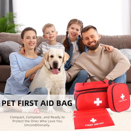 First Aid Bag Empty, 5-Piece Set with Large Medical Organizer, 3 Portable Pouches & Carry Bag for Pet First Aid Kits, Home Adventure Travel Medical Supplies (Red)