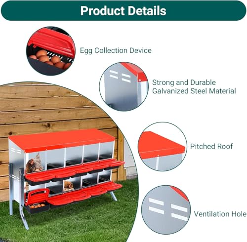 Chicken Nesting Box, 10 Compartments Roll Away Eggs Laying Boxes, Cleanable Pull Out Hen Roosting Boxes with Mental Leg, Durable & Easy to Install, Red - color: Red, size: 10 holes with legs