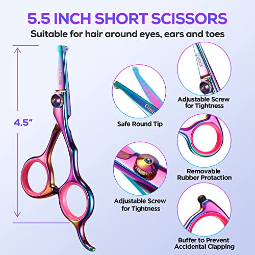 Gimars Professional 4CR Stainless Steel 6 in 1 Grooming Scissors for Dogs with Safety Round Tip, Heavy Duty Titanium Coated Pet Grooming Scissor for Dogs, Cats and Other Animals - style: Colorful 6 in 1