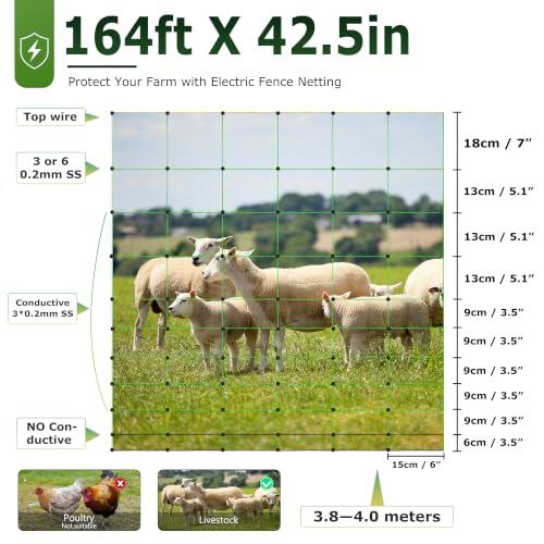 Electric Fence Netting, 164'L x 42.5" H Electric Fence Kit for Livestock, Goat, 14 Posts Double Spiked Portable Electric Poultry Farm Fence - size: 164'L x 42.5" H