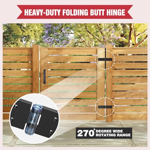 Heavy Duty Gate Hinges – 270° Fold-Flat, Rust-Proof Black Iron (2PC) | Heavy duty gate hinges with 270° flat-fold for tight spaces; outdoor hinges for wood gates, sheds, and garage doors