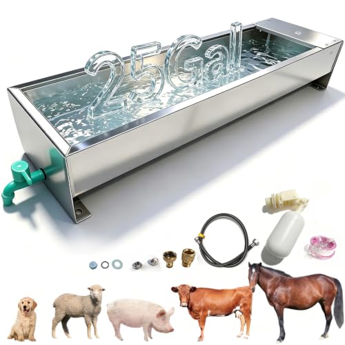 Automatic Livestock Water Trough 25 Gallons/100 Quart Livestock Waterer Animal Stainless Steel Larger Automatic Waterer with Float Valve Kit for Goat Cattle Horse Hog Dog Outdoor - color: 25 Gallons, size: 48.3"L x 13.7"W x 9.8"H