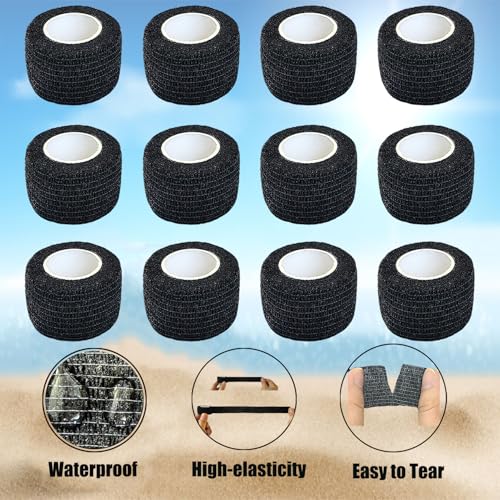12 Pack Self Adhesive Wrap Bandage - Vet Wrap for Pets, Stretch Self-Adherent Cohesive Tape Breathable Athletic Tape Rolls (1 Inches x 5 Yards Each, Black) - color: Black