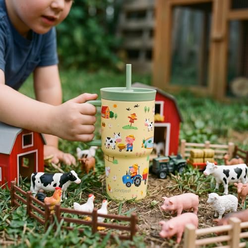 SANDJEST Farm Animals Stainless Steel Tumbler 20oz with Handle and Silicone Straw Locking Lid for Kids Boys, Birthday Christmas Back to School - color: Farm Animal