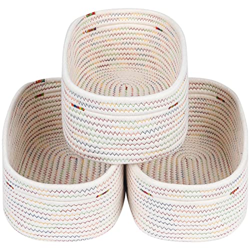 CubesLand Rectangle Woven Cotton Rope Storage Basket for Organizing | Small Basket for Kids, Baby Nursery, Cat Dog Toy Baskets, Organizer Bins for Shelves Rainbow Stitches - color: Rainbow Stitches, size: 3pcs-small basket