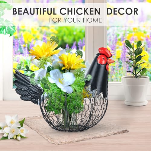 Chicken Egg Collecting Basket,Metal Wire Eggs Holder Bowl with Handle | Farmhouse Chicken Decor,Rustic Black Rooster Chicken Shaped Fruit Countertop for Home Kitchen Decoration - color: Rustic Black