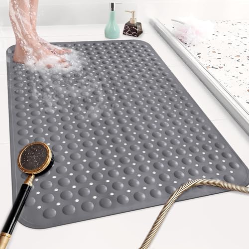 Shower Mat Non Slip: 35.4 x 23.6 Inch Extra Large TPE Shower Mats for Inside Shower - Anti Slip Shower Stall Matt with Drain Hole and Suction Cups for Elderly - color: Grey, size: 35.4" x 23.6" (Rectangular)
