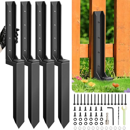 4 Pcs Fence Post Repair Kit, Heavy Duty Fence Post Anchor Ground Stakes for Repair Tilted, Broken Wood Support - style: 4 pcs Standard Edition