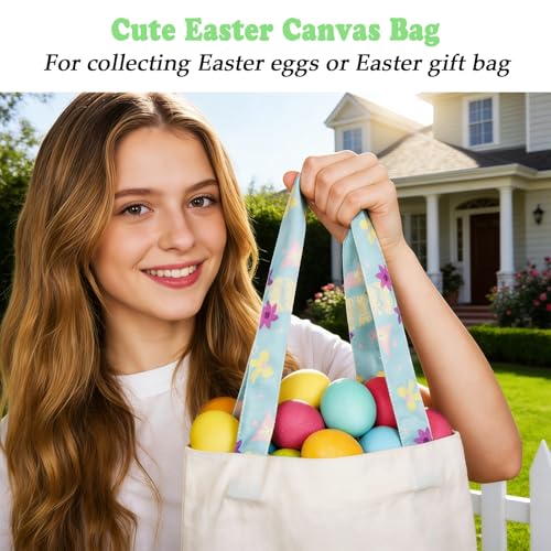 Easter Basket Bunny Canvas Tote Bag, 12.2x11 Inches, Natural Canvas, Hand-Carry, for Gift and Easter Egg Collection - color: C-pink