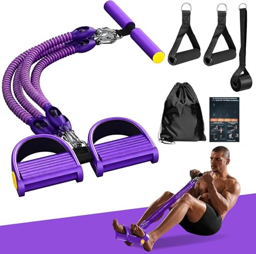 Pedal Resistance Band with Handle, Aturien Adjustable Powerful 4-Tube Elastic Bands for Exercise, Multifunctional Foot Pedal Puller, Home Workout Equipment for Legs Arms Abs - color: Purple
