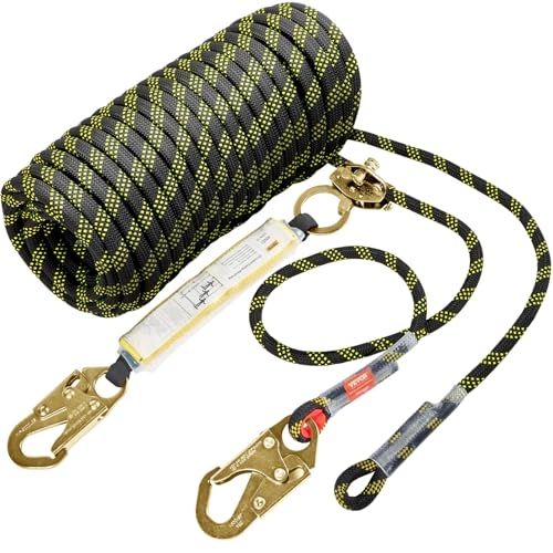 VEVOR Vertical Lifeline Assembly, 0.55'' x 50' Fall Protection Rope with 30 KN Breaking Tension, Polyester Roofing Rope with Steel Snap Hooks, Rope Grab, and Shock Absorber, ANSI Compliant - size: 50FT