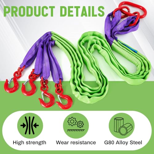 3 Pcs 6.6 ft Polyester Lifting Straps Set - Four Leg Bridle Web Sling & 2 Endless Round Slings Rigging Straps for Hoist, Engine, Crane, Machinery Moving & Tree Stump Removal 6600 lbs Capacity