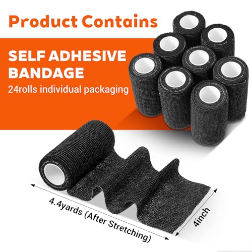 24 Rolls Self Adhesive Bandage Wrap, Black Vet Wrap 4 Inch for Horses Dogs Wounds Care Dressings, Elastic Self Stick Cohesive Bandage Wraps, Wrist, Sports, Ankle Tape Leg Wraps