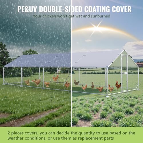 Large Metal Chicken Coop Runs for Yard with Cover, 10x26x6.5 | Perch Bars, Split Doors, Waterproof Covers, Mesh Wire - size: 315.0"L x 118.1"W x 78.7"H