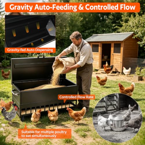 120LBS Heavy-Duty Galvanized Automatic No-Waste Chicken Feeder | 38 Ports Grille Gravity Feed Saving Design with Weather Resistant Lid & Side Wheels, Suitable for Hens, Ducks & Geese