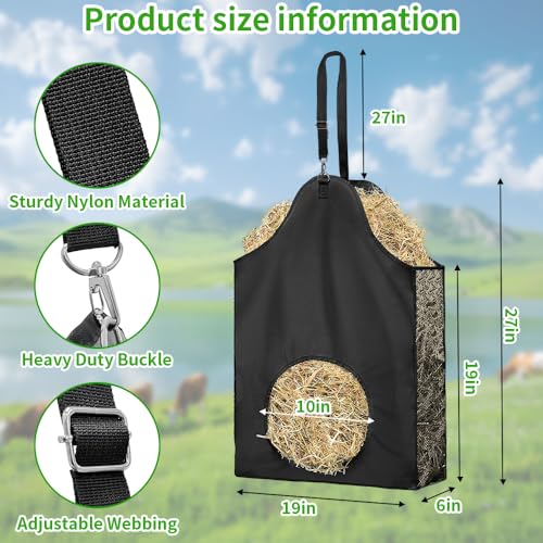 Hay Bags for Horses – 600D Oxford Hay Bag with Adjustable Strap & Metal Ring, Hanging Hay Feeder for Goats, Sheep, Donkeys, and Cows, Black (2-Pack)