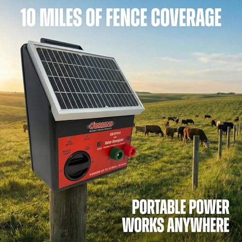 O'Briens Solar Fence Energizer 0.15 Joule | Electric Fence Charger for Up to 10 Miles / 30 Acres | Portable Unit for Poultry, Gardens, Pastures, Livestock Protection & Wildlife Exclusion