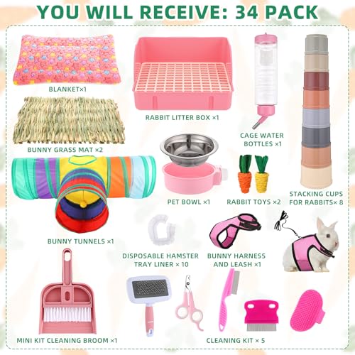 34 Pcs Rabbit Starter Kit Rabbit Litter Box Small Animal Water Bottle Cups Bunny Tunnels Animal Grooming Kit Bowl Blanket with Cleaning Set for Guinea Pig Bunny(Style 1,Light Pink) - color: Light Pink, style: Style 1