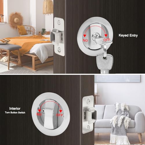 Dontay Pocket Door Keyed Lock, Round Contemporary Entrance Sliding Barn Door Lock Latch, Recessed 2 Sided, 2-3/8 inch Backset, Flush Handles Hardware(Brushed Nickel,2) - color: Brushed Nickel