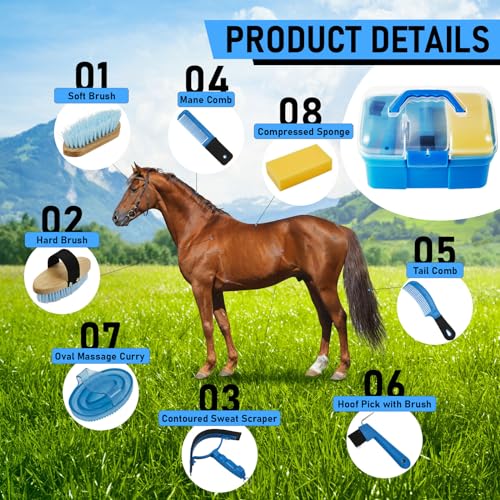 Cunhill 9 Pieces Horse Grooming Kit with Organizer – Curry Comb, Hard & Soft Brushes, Hoof Pick, Sweat Scraper, Sponge – Grooming Supplies for Horses, Riders & Beginners