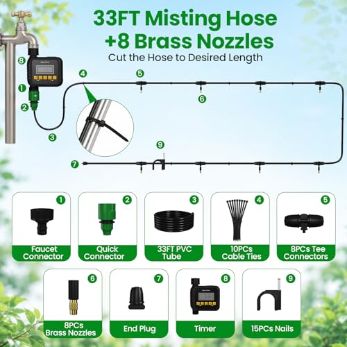 Misters for Outside Patio with Timer, Misting Cooling System with 33FT Hose and 8 Brass Nozzles, 9 Modes, 3/4” NPT Faucet Adapter, Automatic Misters for Chicken Coop Backyard Garden Porch Gazebos