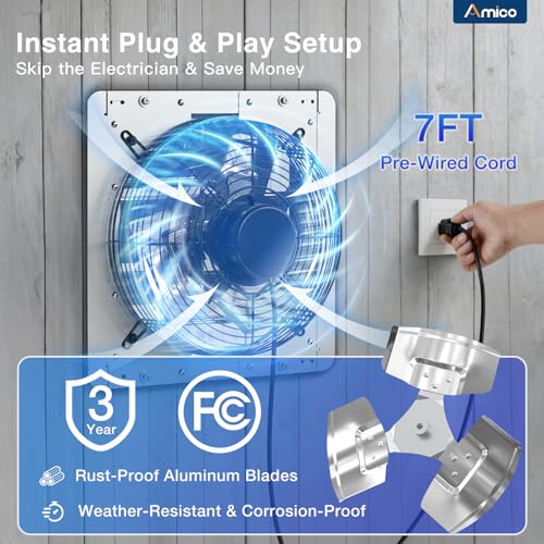Amico 12" Shutter Exhaust Fan, Remote 9-Speed 25W DC Motor, 1200 CFM | Energy-Efficient Wall Mount Ventilation Fan, Garage, Greenhouse, Attic, Chicken Coop, Plug&Play 8-Hr Timer, 3-Year Protection - size: 12 inch
