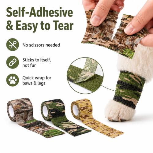3 Pack Camo Pet Self Adhesive Bandage Wrap 2 Inch x 5 Yards Cohesive Tape for Dogs Cats Animals Wound Care Sprains and Swelling