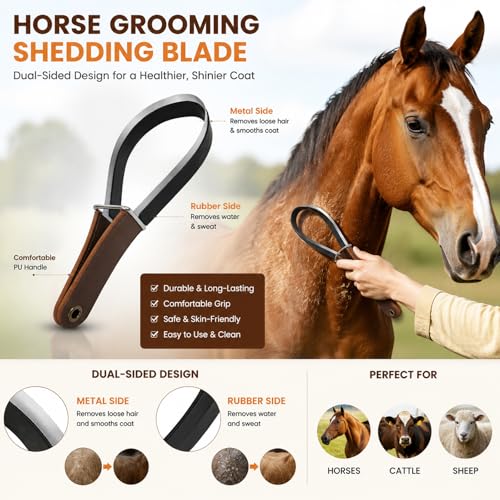 Horse Shedding Blade & Sweat Scraper 2-in-1 Grooming Cattle Sheep | Soft rubber back gently wipes sweat ,metal blade removes loose hair & tangles. Perfect for horses, cattle, sheep. - size: 1 pcs