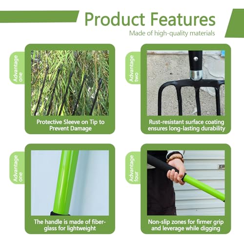 Pitch Fork-57 Inch，5-Tine Steel Garden Fork Heavy Duty, Mulch with Cushion Grip, Green Fiberglass Handle - color: Green
