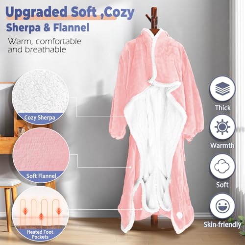Wearable Heated Blanket with Foot Pocket, Electric Wearable Throw Blanket with Sleeves, Hood, Portable Heated Blanket with 8 Heat Settings, 1-10 Hours Auto Shut-off, Gift for Family, Friends, 50*70" - color: Pink