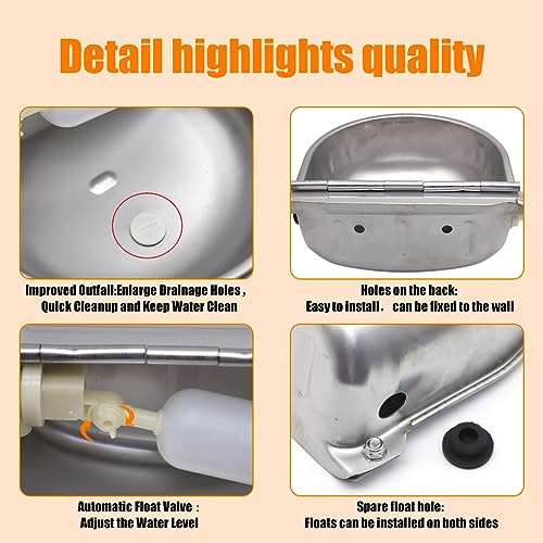 2-Pack Automatic Livestock Waterer, 304 Stainless Steel Auto Fill Drinking Bowl with Float Valve, Drainage Hole & Protective Baffle, Wall Mount or Floor Stand, for Dogs, Chickens, Horses, Goats, Pigs