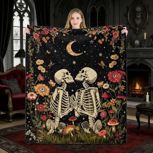Gothic Moon Skeleton Blanket Gifts for Men Women Kids Romantic Floral Skull Throw Blanket Gifts 50"x60" - color: Black Red