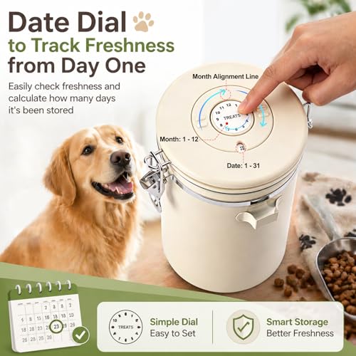 Dog Treat Container Airtight, 1.9 Qt 304 Stainless Steel Dog Treat Jar & Pet Treat Canister with Scoop, Date Dial, Locking Clamp, Silicone Seal for Dog Biscuits, Cookies, Training Snacks - size: 1.9 Qt