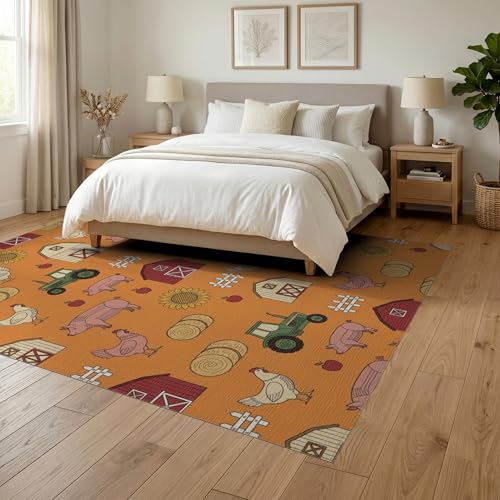 6'x9' Washable Flatwoven Rug, Orange Rustic Sunflower Stain Resistant Large Carpet for Dining Room, Under Table, Office, Non-Slip Chair-Friendly Floor Mat | Ref:1969512 - color: Orange/Pattern 20, size: 6' x 9' (Rectangular)