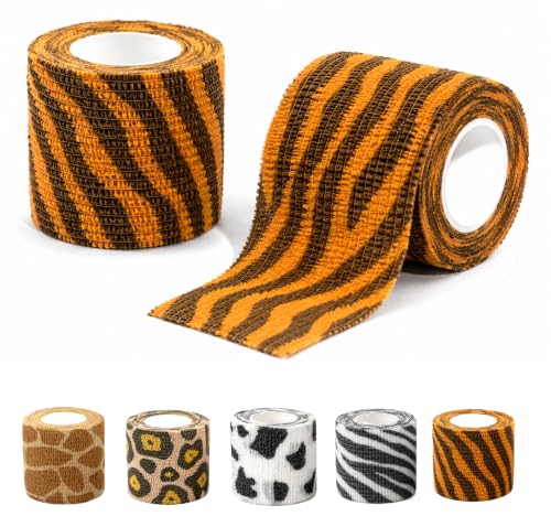 Premium Pet Vet Wrap — Non-Stick to Fur Self Adherent Bandage Wrap for Dogs, Cats & Horses, Breathable Cohesive Tape for Wounds, Paws & Legs, Animal Print Design - Pack of 2 - color: Tiger Print
