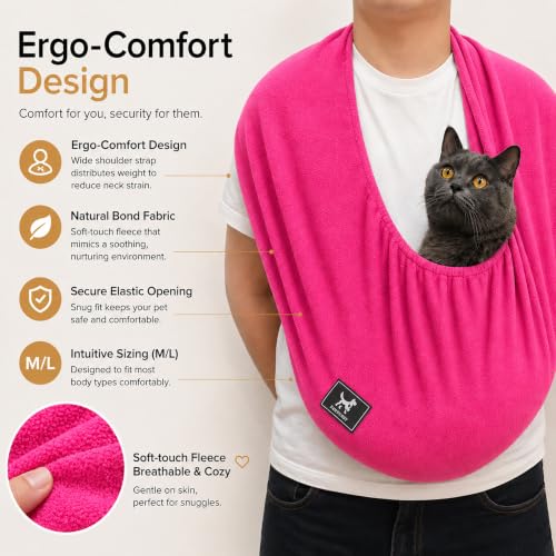 Cat Sling Carrier, Ultra-Soft Polar Fleece, Fits 3-13 lbs, Size M | Elastic One-Piece Metal-Free Pet Cuddle Bag for Indoor Home Use, Warm Cozy Wearable Carrier for Cats and Kittens, Fuchsia - color: Fuchsia, size: Medium (Regular)